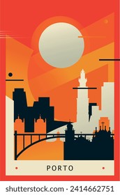 Porto city brutalism poster with abstract skyline, cityscape retro vector illustration. Portugal travel front cover, brochure, flyer, leaflet, business presentation template image