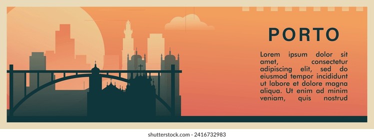 Porto city brutalism vector banner with skyline, cityscape. Portugal town retro horizontal illustration, travel layout for web presentation, header, footer