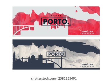 Porto city horizon profile banner, placard, header, footer. Portugal metropolitan downtown vector website page layout with panoramic front view