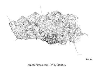 Porto city map with roads and streets, Portugal. Vector outline illustration.