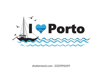 Porto city, Portugal. Horizontal banner with Lettering Porto and traditional portuguese boat in sea and flying gulls silhouette.