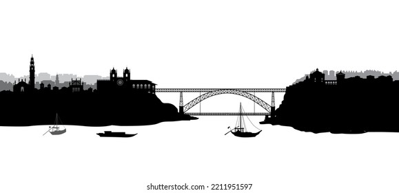 Porto city, Portugal. Panoramic tourist skyline view. Portuguese cityscape with famous bridge through Douro river 