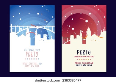 Porto city poster with Christmas skyline, cityscape, landmarks. Winter Portugal holiday, New Year vertical vector layout for brochure, website, flyer, leaflet, card