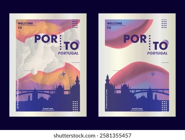 Porto city poster pack with skyline, cityscape, landmark, textured. Portugal vector illustration layout for vertical brochure, website, flyer, presentation