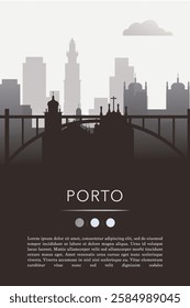 Porto city template for website, presentation, front page, invitation, publication sheet with skyline, landmarks. Vector Portugal image layout, simple and grayscale