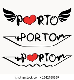 Porto city text with red heart and ship typographic logo icon Modern design Fashion print for clothes apparel greeting invitation card picture banner poster flyer websites Vector Illustration	
