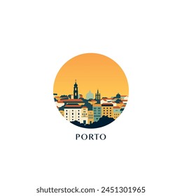 Porto cityscape, vector badge, flat skyline logo, icon. Portugal city round emblem idea with landmarks and building silhouettes. Isolated graphic