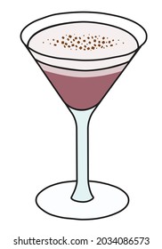 Porto Flip classic IBA listed unforgettable cocktail in cobbler glass. Brandy and Port Wine based drink garnished with ground nutmeg. Stylish hand-drawn doodle cartoon style vector illustration