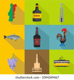 Porto land icons set. Flat set of 9 porto land vector icons for web isolated on white background