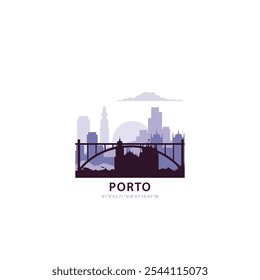 Logotipo do Porto com skyline, ícone do vetor retro da paisagem urbana. Portugal cidade horizonte, fachada, viagem logotipo