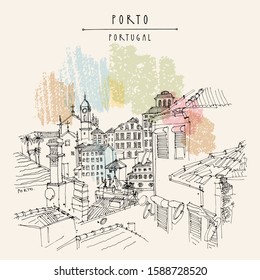 Porto (Oporto), Portugal, Europe. Old town, nice houses and a church. Hand drawing in retro style. Travel sketch. Vintage touristic postcard, poster, calendar or book illustration, EPS10 vector