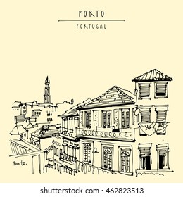 Porto (Oporto), Portugal, Europe. Street in old town, nice houses and a church. Hand drawing in retro style. Travel sketch. Vintage touristic postcard, poster, calendar or book illustration in vector