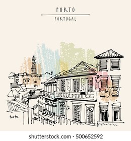 Porto (Oporto), Portugal, Europe. Street in old town, nice houses and a church. Hand drawing in retro style. Travel sketch. Vintage touristic postcard, poster, calendar or book illustration in vector