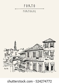 Porto (Oporto), Portugal, Europe. Street in old town, nice houses and a church. Hand drawing in retro style. Travel sketch. Vintage touristic postcard, poster, calendar or book illustration in vector