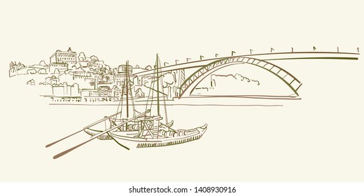 Porto Panorama drawing, brown colored version for Apps, Print or web backgrounds