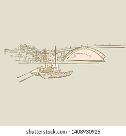 Porto Panorama drawing, brown colored version for Apps, Print or web backgrounds