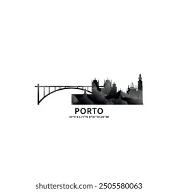 Porto panorama, vector badge, skyline logo and icon. Portugal city horizon logotype with landmarks and building silhouettes. Isolated foggy abstract gradient graphic