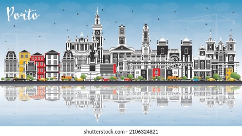 Porto Portugal City Skyline with Color Buildings, Blue Sky and Reflections. Vector Illustration. Porto Cityscape with Landmarks. Business Travel and Tourism Concept with Historic Architecture.