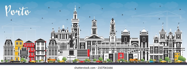 Porto Portugal City Skyline with Color Buildings and Blue Sky. Vector Illustration. Porto Cityscape with Landmarks. Business Travel and Tourism Concept with Historic Architecture.