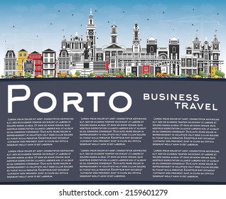 Porto Portugal City Skyline with Color Buildings, Blue Sky and Copy Space. Vector Illustration. Porto Cityscape with Landmarks. Business Travel and Tourism Concept with Historic Architecture.