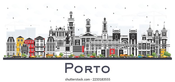 Porto Portugal City Skyline with Color Buildings Isolated on Whıte. Vector Illustration. Porto Cityscape with Landmarks. Business Travel and Tourism Concept with Historic Architecture.