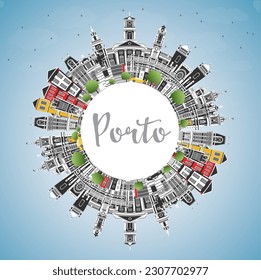 Porto Portugal City Skyline with Color Buildings, Blue Sky and Copy Space. Vector Illustration. Porto Cityscape with Landmarks. Business Travel and Tourism Concept with Historic Architecture.