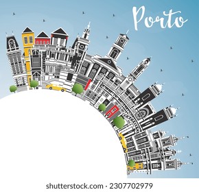 Porto Portugal City Skyline with Color Buildings, Blue Sky and Copy Space. Vector Illustration. Porto Cityscape with Landmarks. Business Travel and Tourism Concept with Historic Architecture.