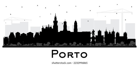 Silhouette de la ciudad de Porto Portugal con edificios negros aislados en Whıte. Ilustración vectorial. Paisaje en Porto con monumentos. Concepto de viajes de negocios y turismo con arquitectura histórica.