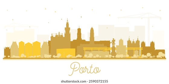 Porto Portugal City Skyline Silhouette with golden Buildings Isolated on White. Vector Illustration. Porto Cityscape with Landmarks. Business Travel and Tourism Concept with Historic Architecture.