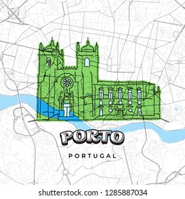 Porto Portugal drawing on map. Hand-drawn vector illustration. Famous travel destinations series.