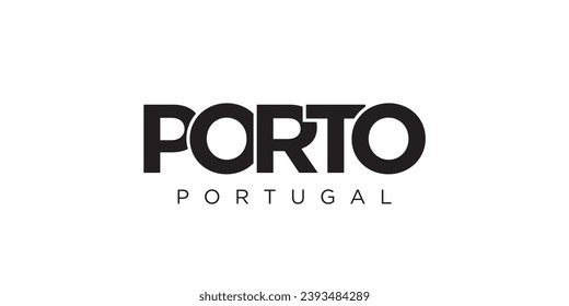 Porto im portugiesischen Emblem für Druck und Web. Das Design zeichnet sich durch geometrischen Stil, Vektorgrafik mit gewagter Typografie in moderner Schrift aus. Grafische Slogan-Schrift einzeln auf weißem Hintergrund.