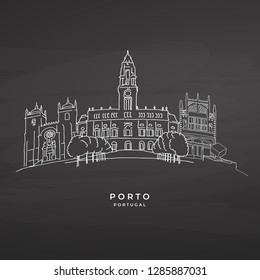 Porto, Portugal famous architecture on blackboard. Hand-drawn vector illustration. Famous travel destinations series.