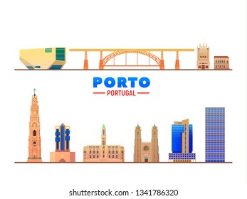 Porto Portugal landmarks white background. Vector Illustration. Business travel and tourism concept with modern and old buildings. Vector for presentation, banner, web site. 