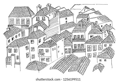 Porto portugal old houses tile roof houses view sketch