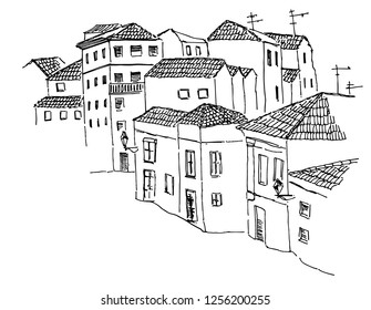 Porto portugal old houses tile roof sketch city view old town