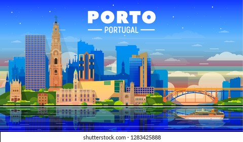 Porto Portugal skyline with panorama  sky background. Vector Illustration. Business travel and tourism concept with modern and old buildings. Vector for presentation, banner, web site.