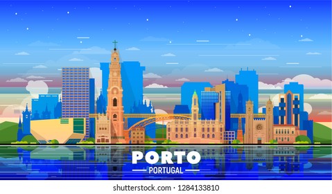 Porto Portugal skyline with panorama at sky background. Vector Illustration. Business travel and tourism concept with modern and old buildings. Vector for presentation, banner, web site.