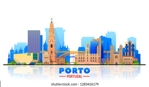 Porto Portugal skyline with panorama in white background. Vector Illustration. Business travel and tourism concept with modern and old buildings. Vector for presentation, banner, web site.