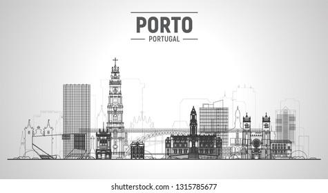 Porto Portugal skyline with panorama in white background. Vector Illustration. Business travel and tourism concept with modern and old buildings. Vector for presentation, banner, web site.