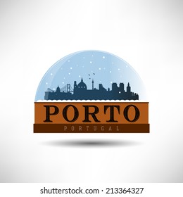 Porto, Portugal, skyline silhouette design in snow globe, vector illustration.