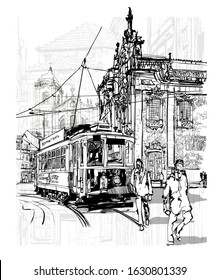 Porto, Portugal tramway by side church of Carmo - vector illustration (Ideal for printing on fabric or paper, poster or wallpaper, house decoration)