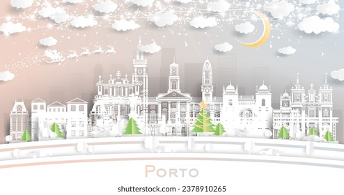 Porto Portugal. Winter City Skyline in Paper Cut Style with Snowflakes, Moon and Neon Garland. Christmas, New Year Concept. Santa Claus on Sleigh. Porto Cityscape with Landmarks.