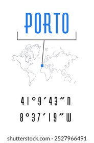 Cartaz do Porto ou design gráfico de camiseta. Coordenadas da cidade e tipografia de localização do mapa-múndi. Dimensões de papel A2 A3 A4 padrão compatíveis.