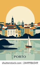 Porto retro city poster with abstract shapes of skyline, buildings. Vintage Portugal town travel vector illustration