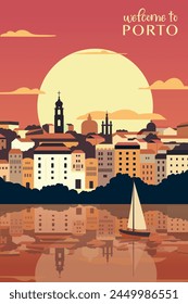 Porto retro city poster with abstract shapes of skyline, buildings. Vintage Portugal town travel vector illustration