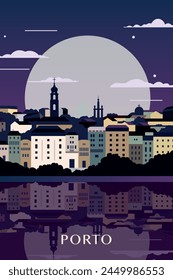 Porto retro city poster with abstract shapes of skyline, buildings at night. Vintage Portugal town travel vector illustration