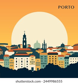 Porto retro city poster with abstract shapes of skyline, buildings. Vintage Portugal town travel vector illustration