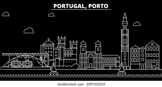 Porto silhouette skyline. Portugal - Porto vector city, portuguese linear architecture, buildings. Porto travel illustration, outline landmarks. Portugal flat icon, portuguese line banner