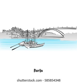 Porto Skyline Greeting Card Design, Porto Skyline Panorama Illustration, Hand-drawn Vector Outline Sketch