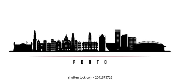 Porto skyline horizontal banner. Black and white silhouette of Porto, Portugal. Vector template for your design. 